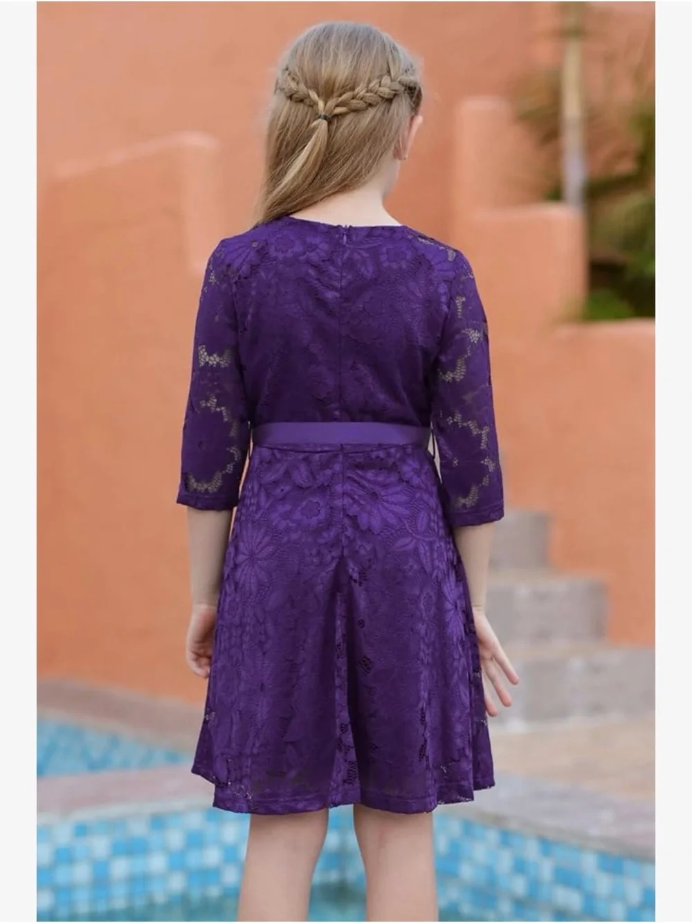 Girls Purple Lace Party Dress with Ribbon Belt